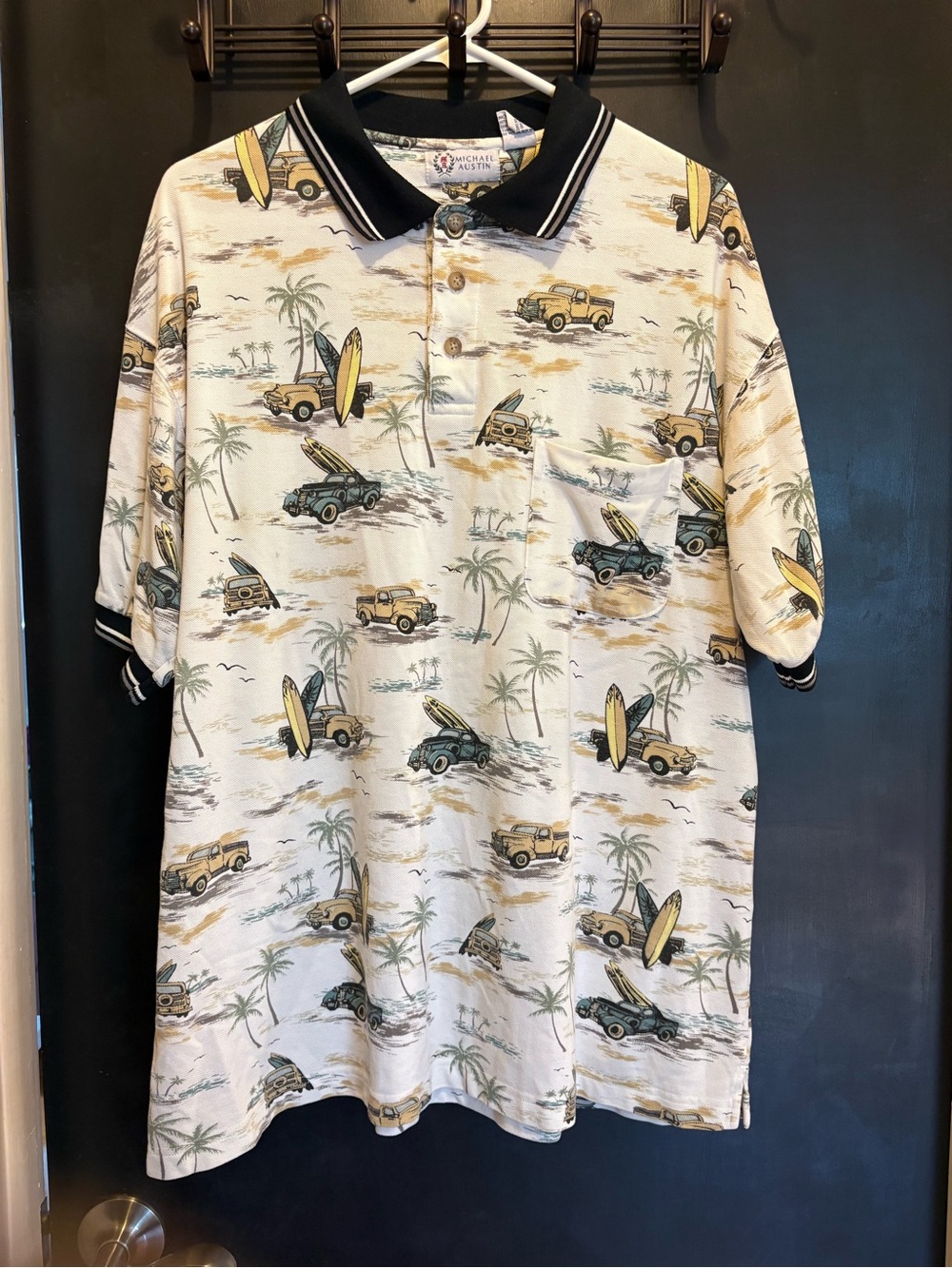 Michael Austin Men’s XL All Over Hawaiian Print Golf Polo Yellow Blue Teal